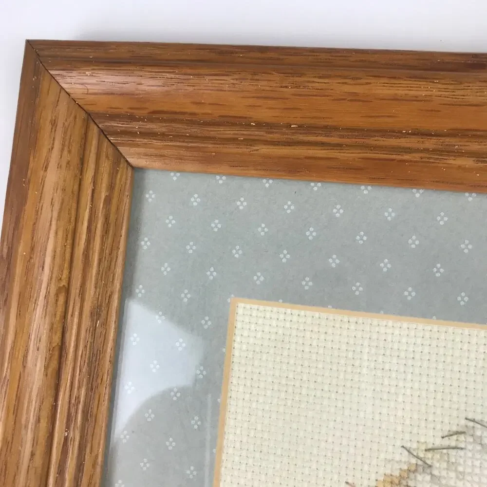 Vintage Shaggy Puppy Dog Flowers Framed Cross Stitch Embroidered Folksy Wall Art